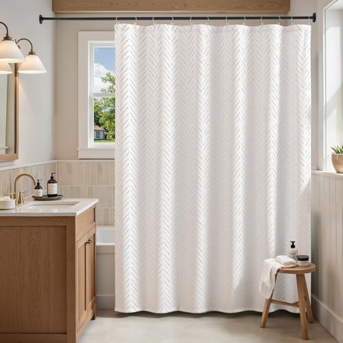 jinchan Extra Long Taupe and White Shower Curtain Inky Herringbone