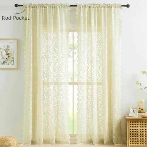 Bujasso Ivory Lace Sheer Curtains 108 inch Vintage Floral Sheer Window