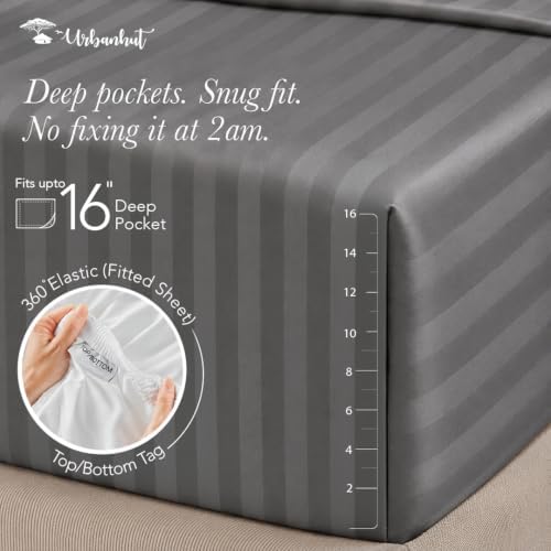 URBANHUT 100% Cotton 600 Thread Count Damask King Size Sheets - Dark