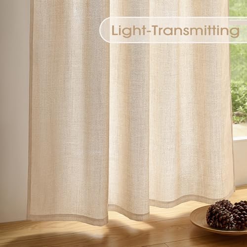 Warm Beige Sheer Linen Curtains for Living Room Bedroom 96 Inches Long