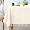 Farmhouse Table Cloth Round 70 inch, Beige Linen Look with Tassels