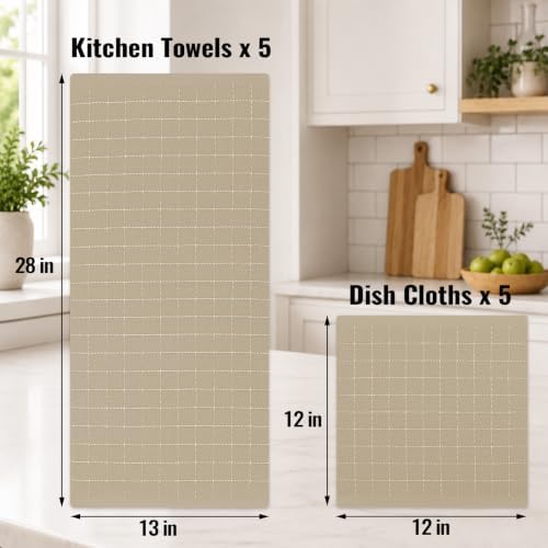Kitinjoy 100% Cotton Kitchen Towels and Dishcloths Set, Tan