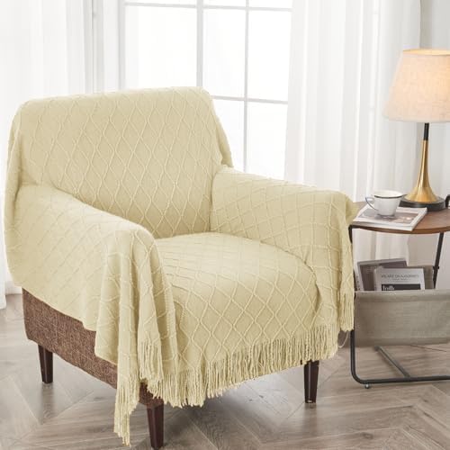 inhand Cloud Cream Knitted Throw Blanket for Couch and Bed, 50"x60"