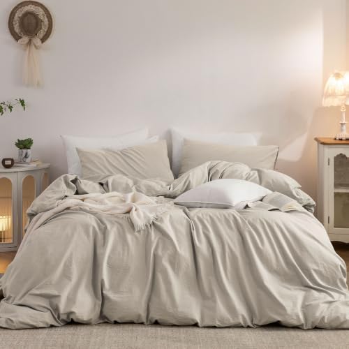 Duvet Cover Set 100% Washed Cotton Linen Feel 3‐Pcs Full