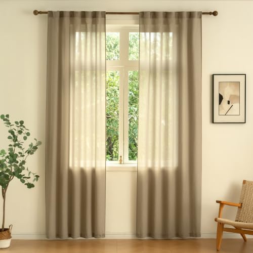 Back Tab Linen Semi Sheer Curtains, Taupe, 84 inches Long
