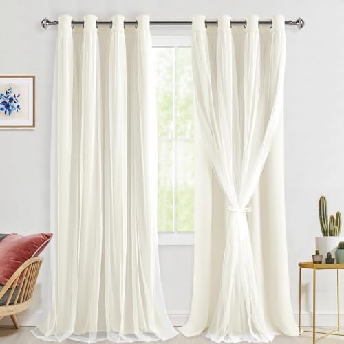 Hiasan Blackout Curtains with Sheer Overlay, Ivory, 52W X 108L, 2pcs