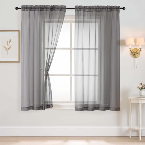 Grey Sheer Curtains 63 Inch Length 2 Panels, Voile Sheer Curtain for