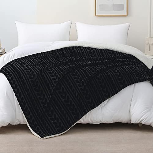 Exclusivo Mezcla Sherpa Fleece Throw Blanket, 50x70 Inch, Dark Black