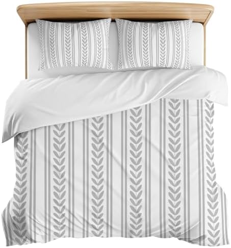 3 Pieces Bedding Set King Size, Grey Botanical Soft Duvet Covers Set