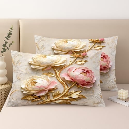 Peony Throw Pillow Covers Set of 2, Elegant Sophisticated Gold Leaves