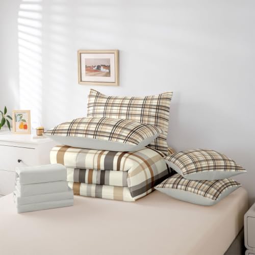 Castle Fairy Neutral Plaid 7pcs Comforter Set Twin Size,Earthy Cream