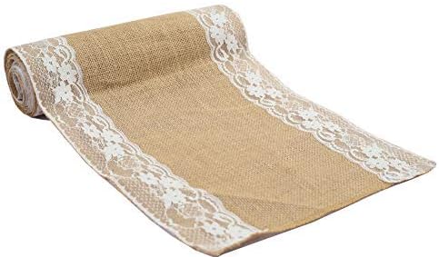 VDS Pack of 10, Burlap Table Runner with White Lace Edge, 100% Natural