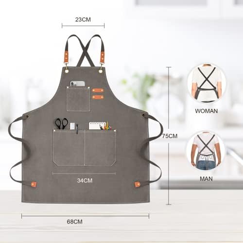 OUNLEN Chef Apron for Men Women Canvas Aprons with 3 Pockets Cross