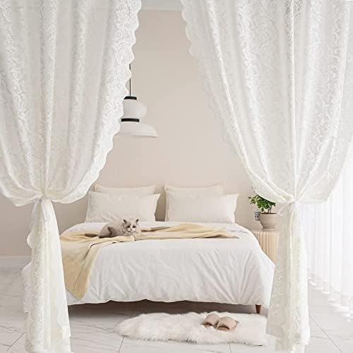 ALIGOGO Cream Lace Sheer Curtains 108 Inches Long 2 Panels Luxury Semi