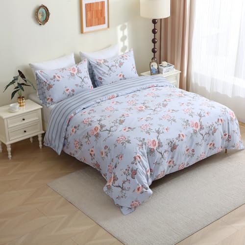 ABREEZE Floral Duvet Cover Queen Size Set Bird Flowers Bedding Set
