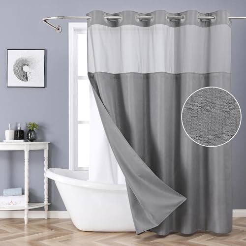 eachope No Hook Slub Textured Shower Curtain with Snap in
