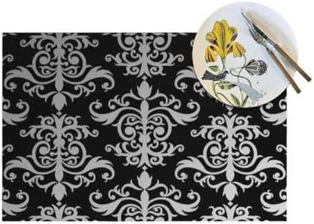 Black and Gray Damask Placemats 6 PCS Heat Resistant Washable Woven