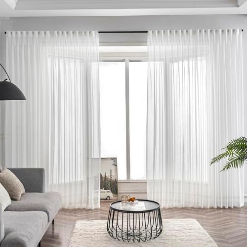 Off White Pinch Pleated Sheer Curtains 108 Inch Long Floor to Ceiling
