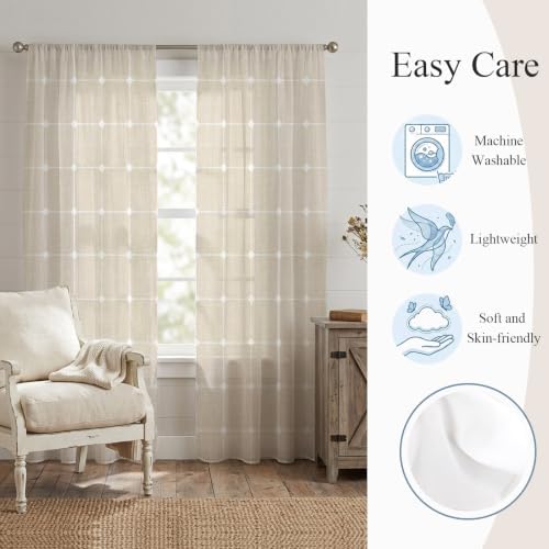 Minimalist Sheer Curtains 108 Inch Long 2 Panels Grid Lines Linen