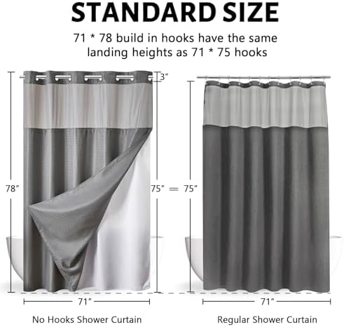 Furlinic Fabric No Hook Shower Curtain with Snap in Liner Modern Grey