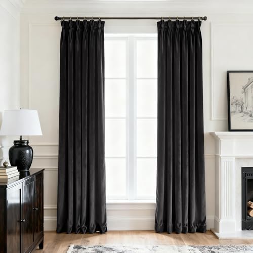 Pinch Pleated Black Blackout Velvet Curtains 84 inch Length 2 Panel