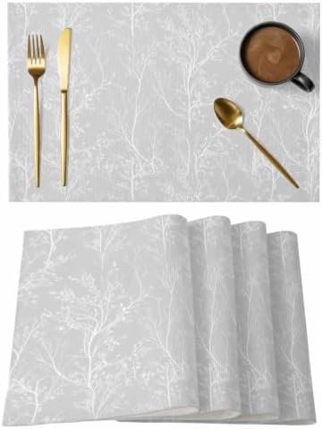 Light Grey Placemats Set of 8 White Tree Branch Botanical Abstract