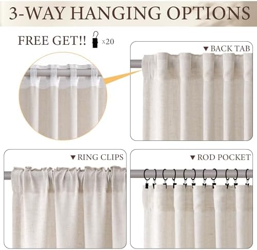 SMABU Linen Curtains 96 Inch Long for Living Room Hook Belt Natural