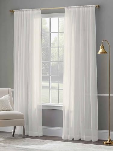 Solid Color Sheer Curtains 108 Inches Long 2 Panels, Semi Sheer Rod