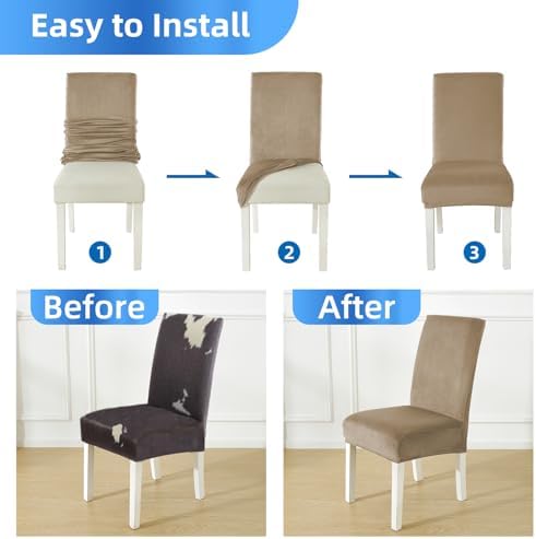 Velvet Dining Room Chair Covers Set of 6, Soft Thick, Camel