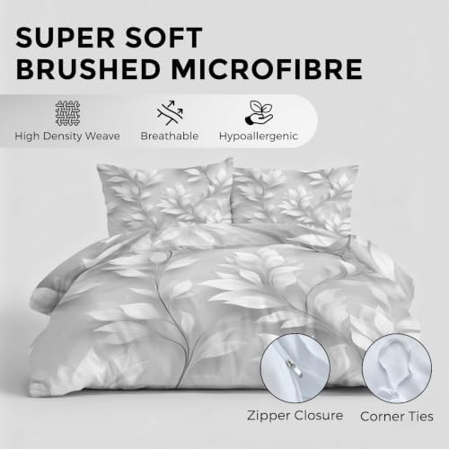 Grey Leaves Bedding King Duvet Cover, Botanical Bedroom Decor