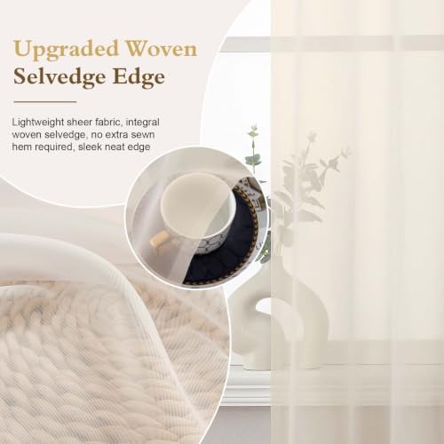 OWENIE Cream Sheer Curtains 84 Inches Long 2 Panels for Living Room 52