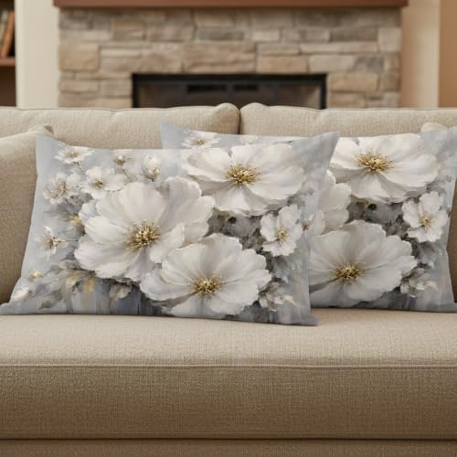 Cream Gold Flowers Lumbar Pillow Covers 12 x 20 Inch Pillow Covers Set
