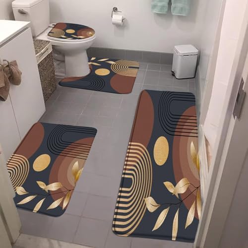 4 Pieces Boho Mid Century Leaf Bathroom Rug Sets Arch Sun Leaves