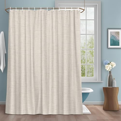 Creamy Solid Shower Curtain with 12 Hooks, Minimalist Tan Linen