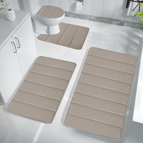 Bathroom Rug Sets 4 Piece, Non Slip Memory Foam Bathroom Rugs, Machine