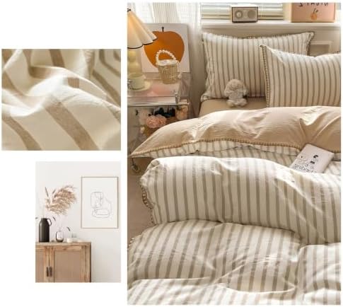 Light Khaki White Striped Duvet Cover Twin XL Farmhouse Cotton Bedding