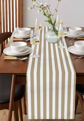 Beige Striped Cotton Linen Rectangle Table Runners 13"x108", Modern