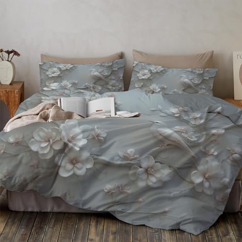 Duvet Cover Set King, 3D Minimalist Bird Flower Brushed Microfiber