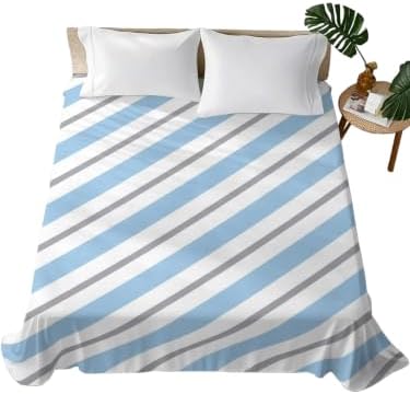 King Size Flat Sheet Only, Light Blue Gray White Stripe Bed Top Sheet