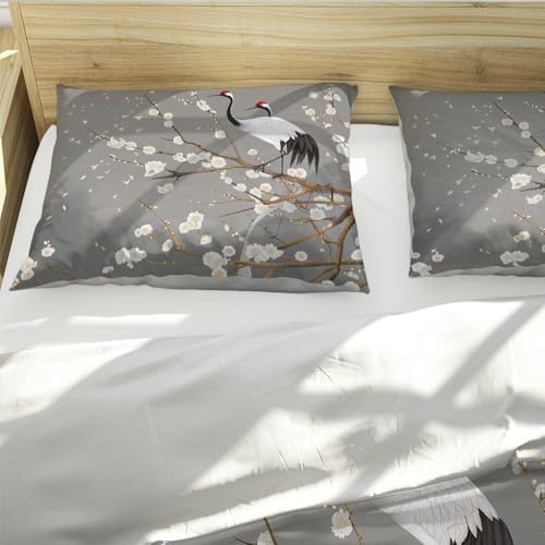 Chic White Cherry Blossom Duvet Cover Japanese Crane Bedding Set Gray