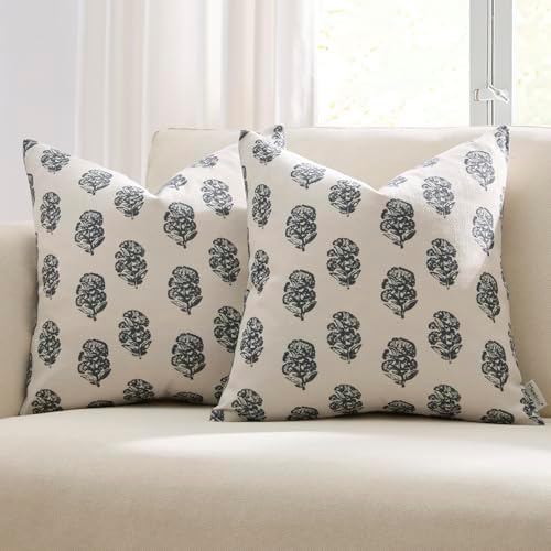 Meekio Floral Block Print Pillow Covers 18x18 Set of 2, Gray and White