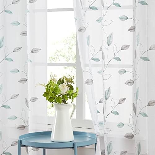Bujasso Embroidered Leaf Sheer Curtains, Gray Teal 38" Wx63 Lx2