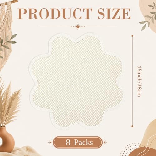 8 Pcs 15" Scalloped Woven Placemat Wavy Border Design, Beige