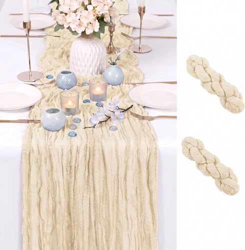 2 Pack Ivory Cheesecloth Table Runner 17x108 Inch Boho Rustic Semi