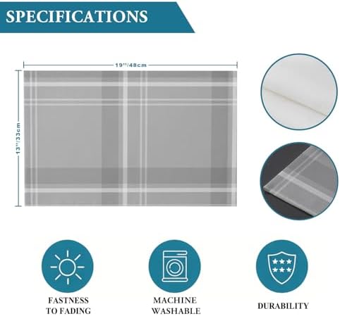 Grey Checkered Placemats Set of 8, Cotton Linen Fabric Place Mats
