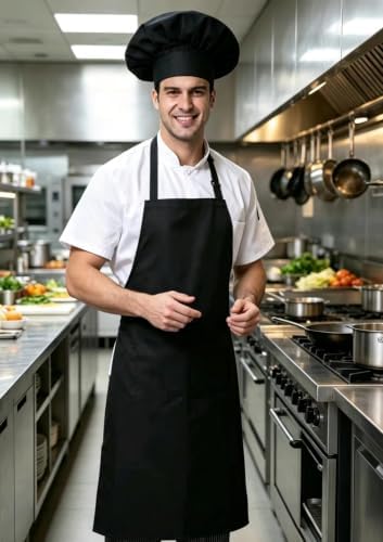 Black Chef Apron and Hat Set, 12 Aprons + 12 Hats, Bulk Pack