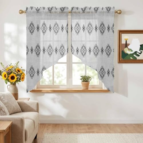 Grey Boho Swag Curtains 45 Inch Length 2 Panels Set, Western Ethnic
