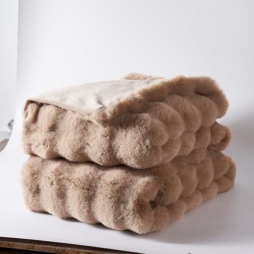 Taupe Faux Rabbit Fur Bubble Throw Blanket 50 x 60 in