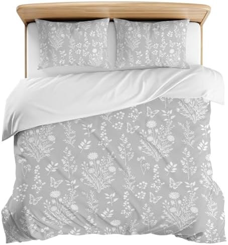 3 Pieces Bedding Set Queen Size, Grey Botanical Soft Duvet Covers Set