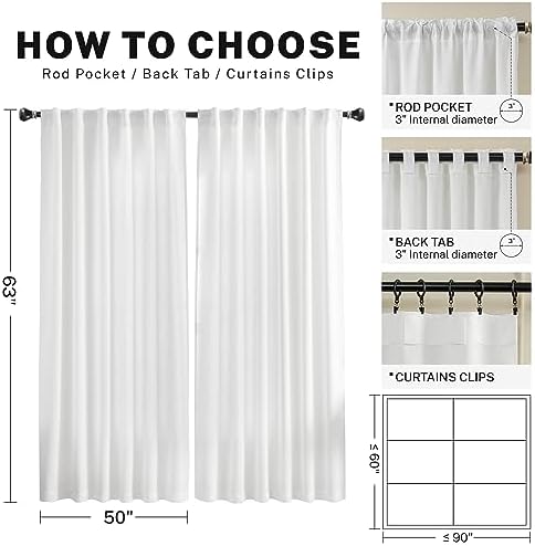 White Linen Curtains 63 Inch Length for Living Room 2 Panels Back Tab